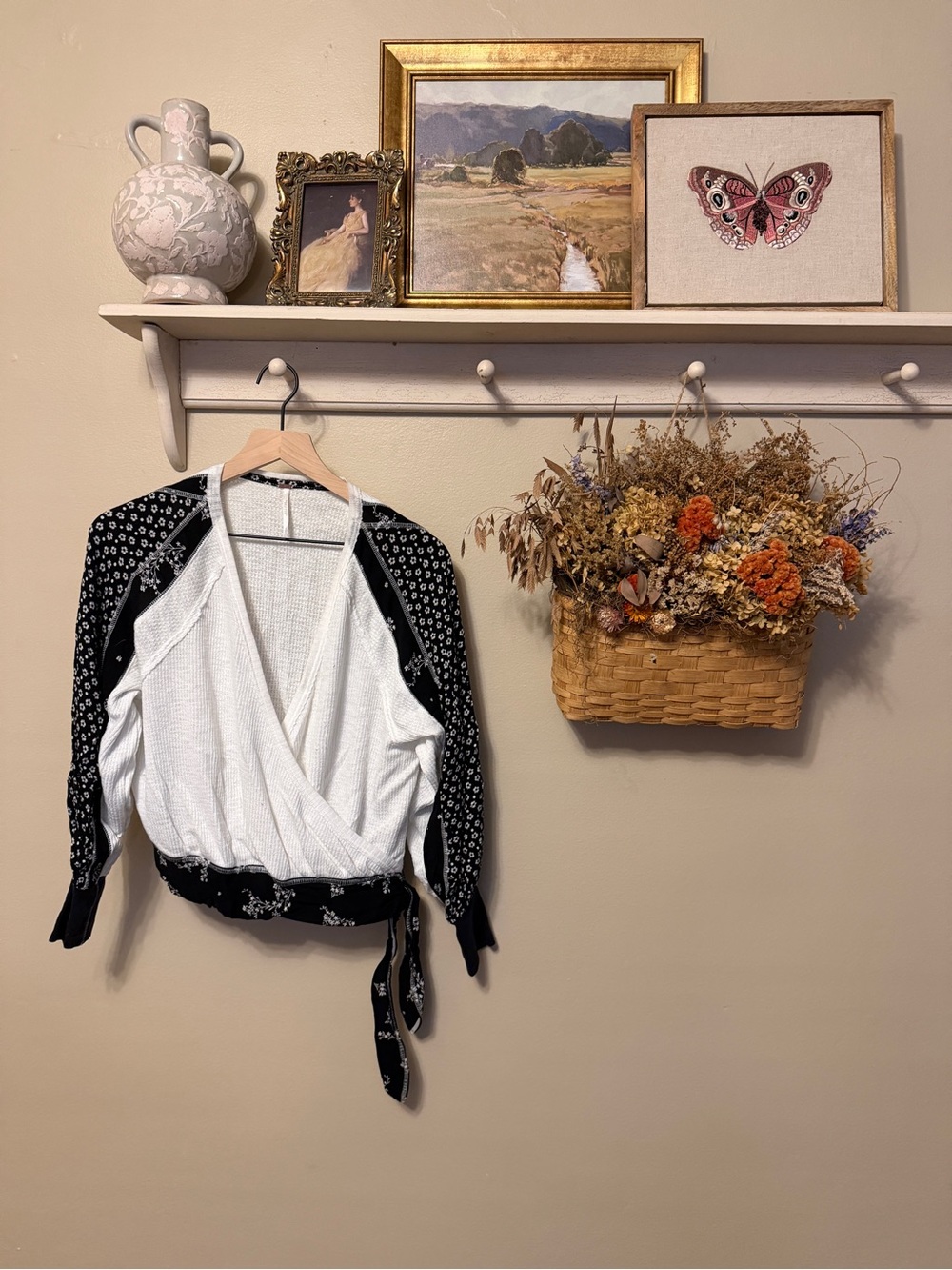 Free People Black & White Wrap Blouse with Bandana Print Sleeves